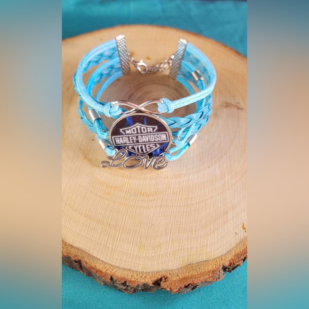 Harley Davison blue leather braided layered sublimation bracelet